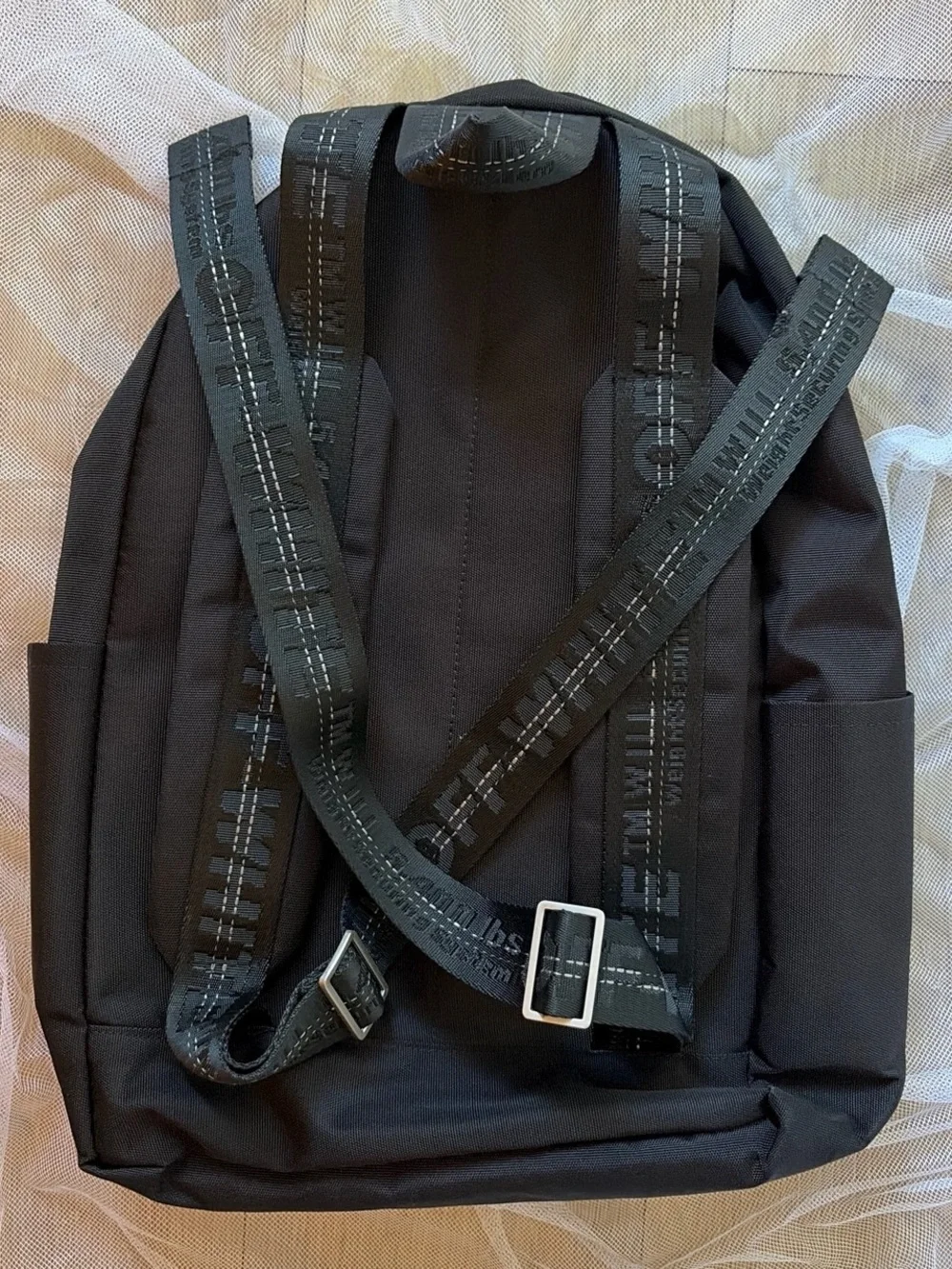 Off-White Black Backpack with Red and White Logo Patch